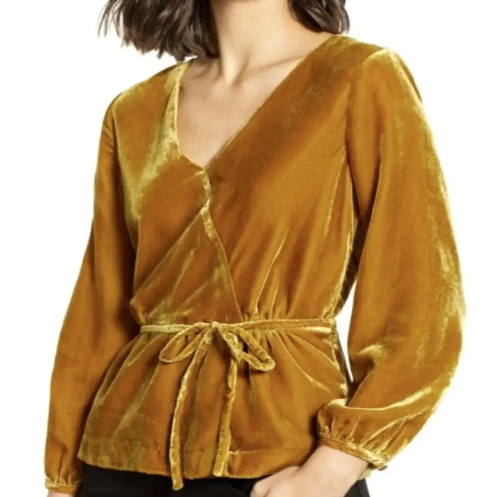 J. Crew Faux Wrap Velvet Top Blouse Mustard Size 0 - Picture 1 of 8
